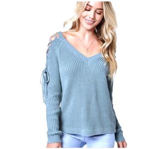 PacSun LA Hearts Lace Up Shoulder Cut Out Thick Knit Chunky Sweater Blue XS
